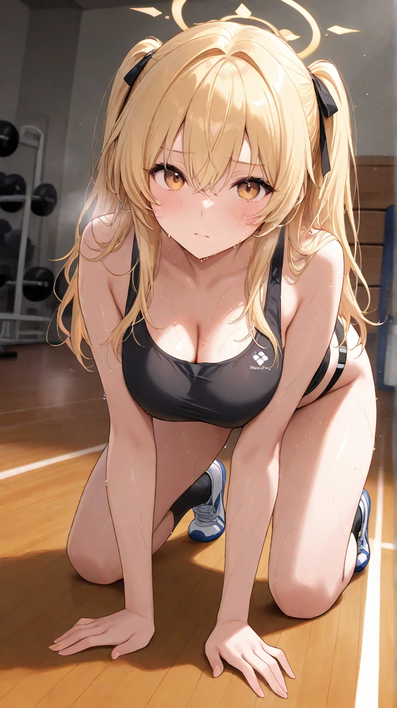 highest quality、Best image quality、masterpiece、One Girl、26 years old、Best Bust、、Beautiful Eyes、blonde hair, Green Eyes、ponytail、At the fitness gym、Bikini Top Holder, leggings、blush、sexy pose, itching pose, squatting, spread legs、pa