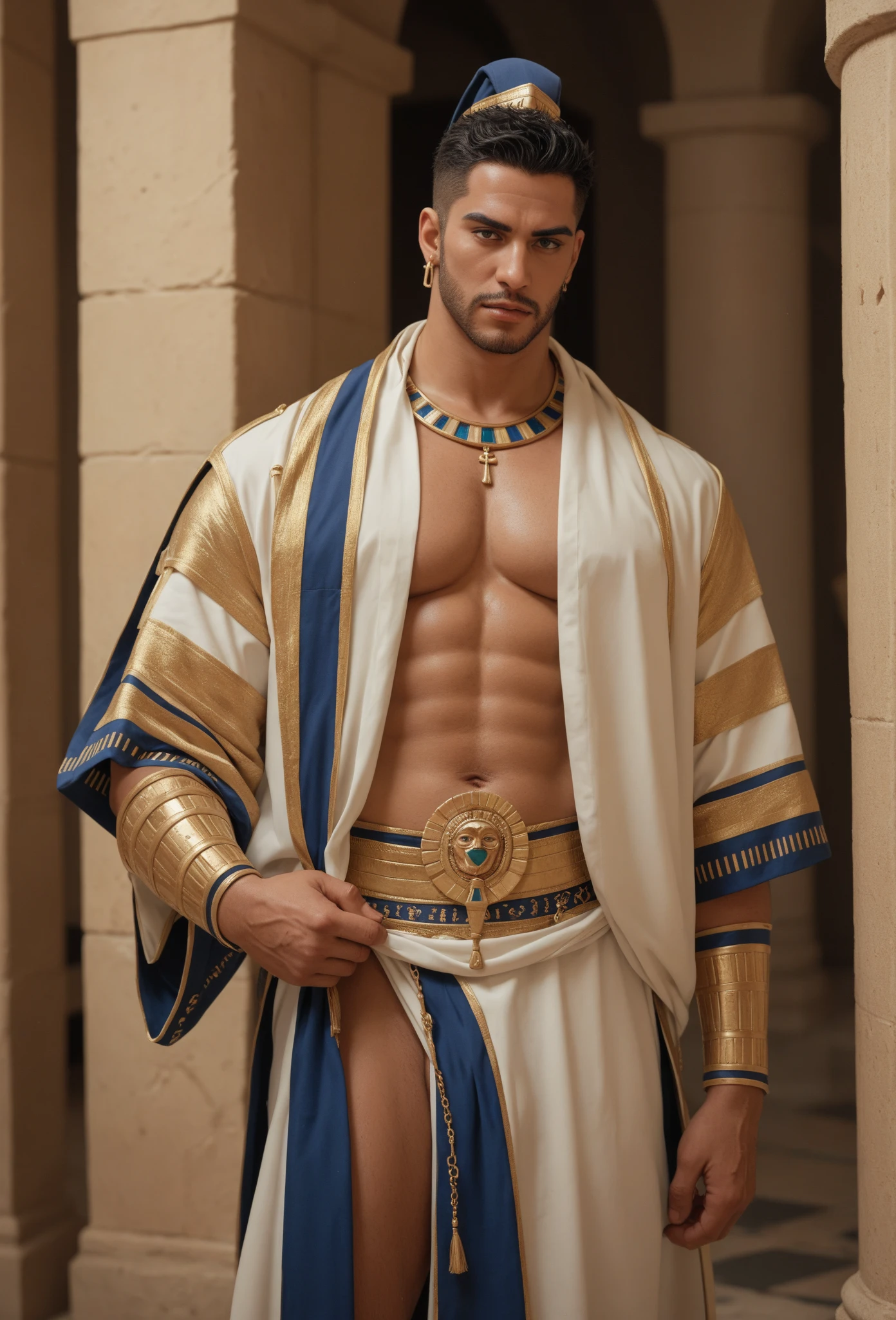 Amir Mirzan, Governor, soldier, hand pointing violently to far way direction, shouting and giving orders, Arabian cuirass breastPLATE armor muslim style clothes, very expensive and majesty clothes, 1gold ring on finger, at least 1necklace, Sultanate, 16th century, renaissance, background is Arabian citadel & wall & tower, age of exploration, old, very brave, scars on face and body, injuries on face and body, ready to fight, blood on face and body, muslim elements in clothes, proactive, strong, very muscular, chubby but agile body, darkish skin, turban,pale skin, pink nipples, skinny, good lighting, very pale skin, light skin, model with attractive body,,big bulge and big butts,(Best quality, 8k, Masterpiece). High Detail , , superior quality, natural lighting, beautiful, sexy, correct anatomy, good composition,realistic shapes, realistic skin tones,Natural eyes,realistic eyes,looking up at viewer,vpl,realistic muscles,Realistic wrinkles on the skin,Realistic arms and legs,Realistic face,realistic hair,Make a sexy and seductive face,, Clear Focus: 1.2, Perfect Body virile: 1.4 , Slender Abs: 1.2, Wet Body: 1.5 , Highly detailed face and skin texture, detailed eyes, double eyelids, big upper lip, man focus,amazing composition, front view, HDR, volumetric lighting, ultra quality, elegant,Post a erotic photoshoot,Realistic pose,detailed hair,full body,Fujifilm XT3 photorealistic art by midjourney