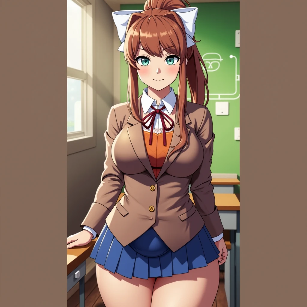 Masterpiece, high quality, best quality, beautiful, HD, perfect lighting, detailed face, detailed body, ultra cute face, cowboy shot 1.5, ((1girl)), ((solo)), cute pose, (Monika),
brown hair, green eyes, very long hair, ponytail, (white bow), blazer, brown sweater, collared shirt, neck ribbon, blue skirt, school classroom, looking at viewer, (blush),
sweet smile, affectionate, medium breasts, perky breasts, wide hips, (thick thighs), arms behind back,