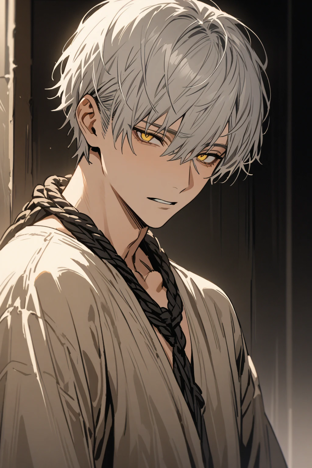 masterpiece, best quality, high quality, 1boy, solo, male focus, looking at viewer, upper body, <lora:gabimaru:0.66>, gabimaru, white hair, yellow eyes, , realistic,