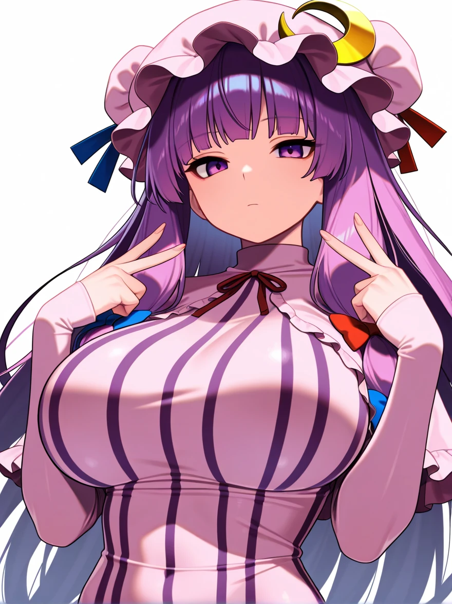 1 girl, game cg, brown short frilled dress, small apron, ((gigantic breasts)), light purple hair, long hair, french braid, purple eyes, smile, white background, own hands clasped,