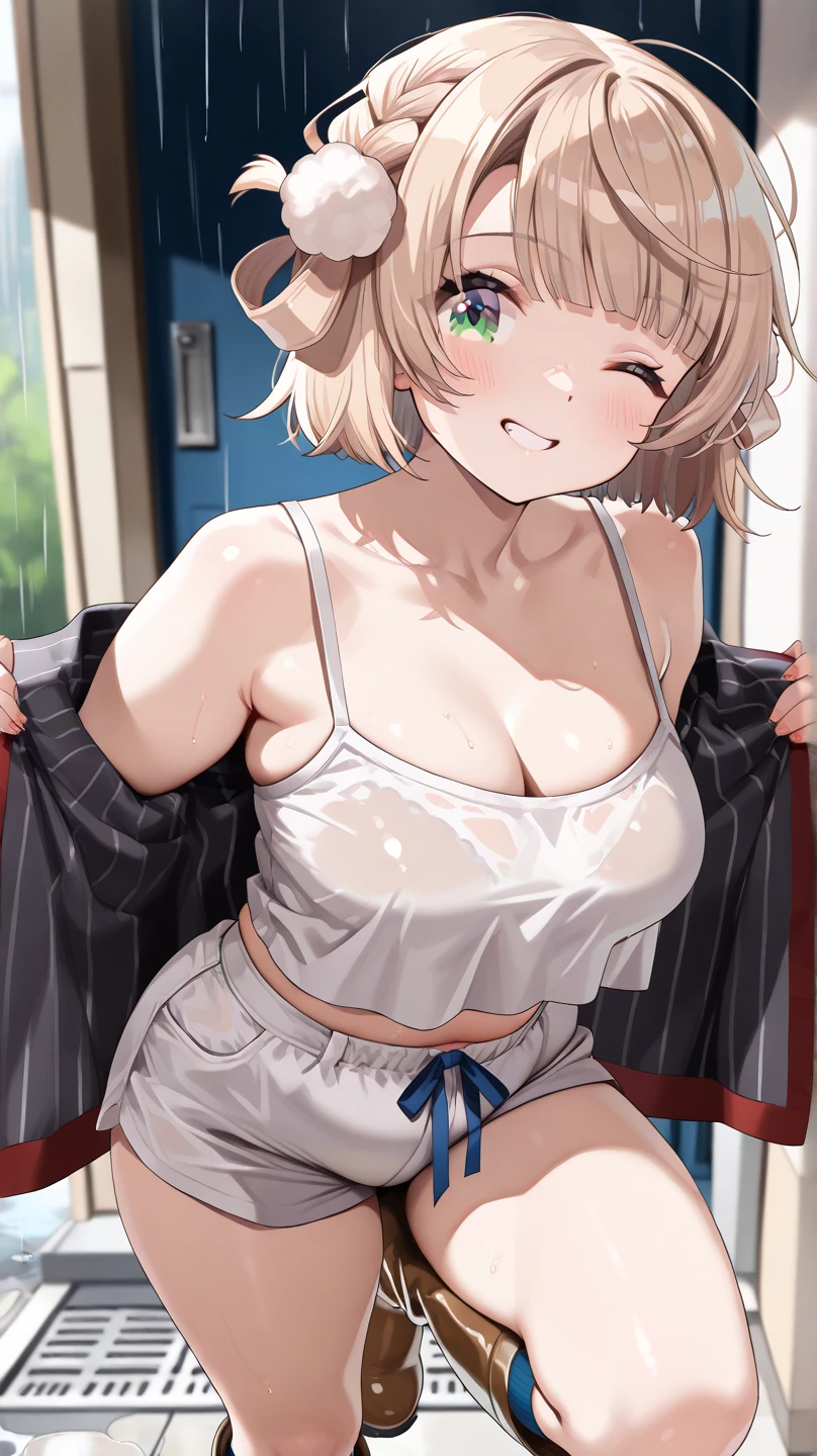 Masterpiece,Highest quality,8k,Ultra-high resolution,appropriate margins,lighting,BREAK,1 person,Very beautiful adult woman,Slim body,Very large breasts,Deep cleavage,Moisturized Skin,BREAK,Golden Hair,(No bangs,Show your forehead),mascara,Red eyeliner,Light pink lip,Thin teak,Thick upper eyelashes,Thin eyebrows,BREAK,Black eyes,BREAK,Embarrassed,Shy smile,BREAK,short hair,BREAK,Black lace bra,Black lace underwear,Fur coat,BREAK,Watching the audience