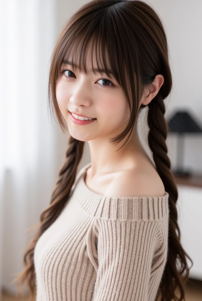 (​masterpiece:1.3), (8K, Photorealsitic, Raw photography, Top image quality: 1.4), Japan high school girls、(Random hairstyles:1.2)、cleavage of the breast:1.2、Super Detail Face、Eye of Detail、double eyelid、Bring your chest together、sharp focus:1.2、prety woman:1.4、light brown hair、top-quality、​masterpiece、超A high resolution、(Photorealsitic:1.4)、Highly detailed and professional lighting smile、Loose and light knitwear、Shoulder out、slender、serious facial expression、short-haired、Fatal position