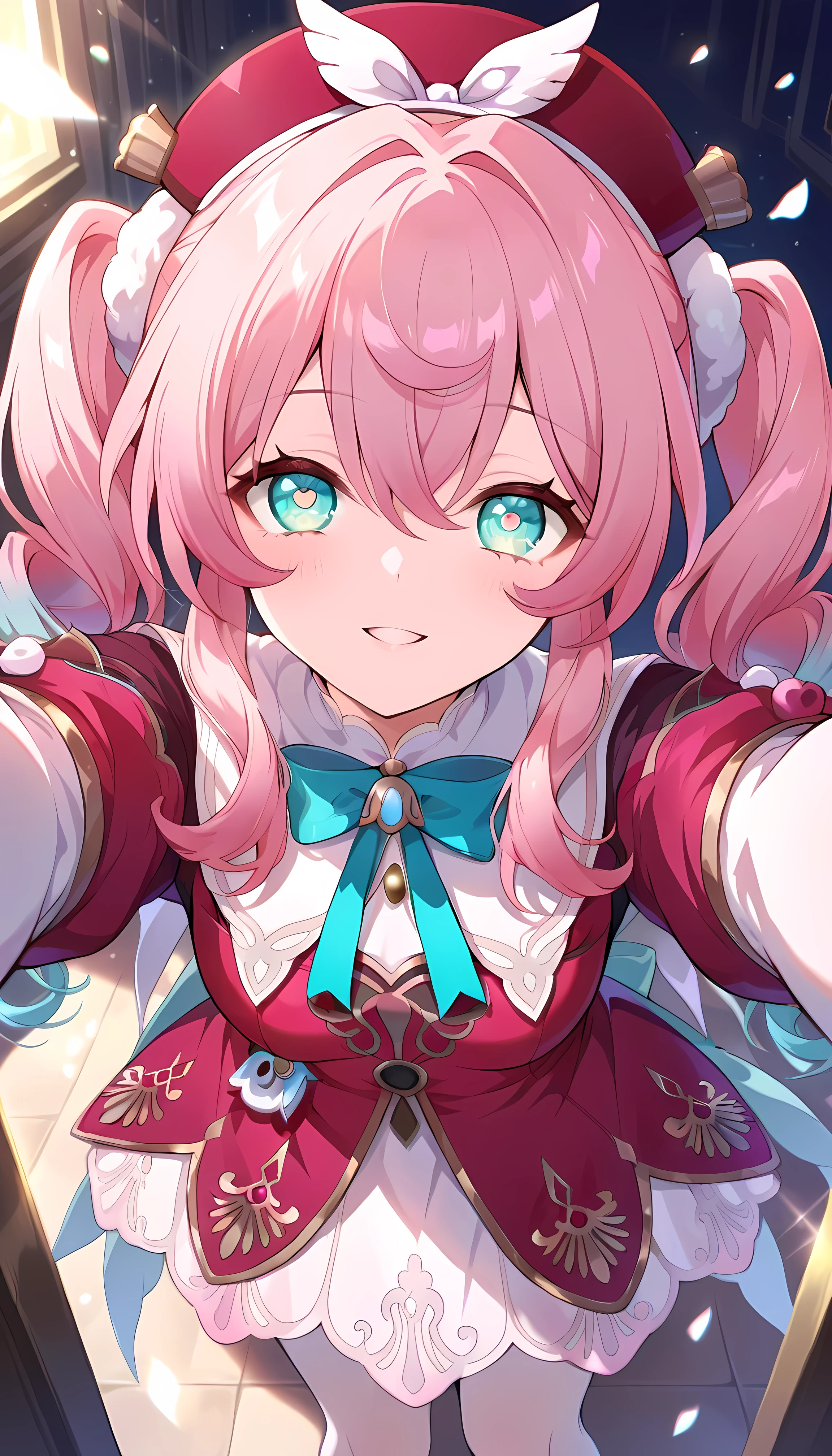 score_9, score_8_up, score_7_up, BREAK source_anime, (Masterpiece), (top quality), hyacine \(honkai star rail\), ( Waiting for a hug, spread your arms, waiting for kisses, heart shaped eyes, Look up , from above:0.6,), 1girl, pink hair, solo, twintails, multicolored hair, dress, long sleeves, red headwear, pantyhose, gradient hair, white pantyhose, looking at viewer, hat, long hair, bow, red dress, hair between eyes, aqua eyes, puffy sleeves, parted lips, blue hair, sidelocks, puffy long sleeves, bowtie, BREAK, Smiling, shiny eyes, Anime painting, seductive, erotic, shiny skin thighs, Sexy, (cute illustration:1.3), (high saturation:1.3), cute face and eyes, Dynamic Lighting, extremely detailed background description, BREAK masterpiece, top quality, amazing quality, Very Aesthetic, high resolution, ray tracing, high resolution, 4K, 8k, , High Definition, top quality, that&#39; s ridiculous
