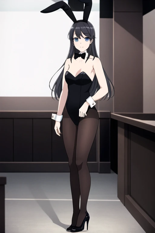 <lora:lora_sakurajima_mai_v2:0.6>, masterpiece, best quality, 8k, 1girl, beautiful detailed eyes, lora_sakurajima_mai, sakurajima_mai, 
anime girl wearing black satin silk strapless leotard and tights with high heels, bar counter, bare arms, full-body shot, must show the whole body from head to toe, black single color bunny ears, (white collar) with (((slim bowtie))), (white detachable wrist cuffs), short torso, slender hips, (((wasp waist))), well proportioned feminine body, very cute face, gorgeous, pretty, beautiful maiden, masterpiece, best quality, sharp focus, cinematic lighting, detailed lighting, looking at viewer, 8k, UHD, intricate details, detailed face, extreamly detailed, photograph, photorealistic, perfect eyes, detailed eyes, realistic eyes, detailed skin, must show both feet, bunny costume, playmate
full body, blue eyes, black satin silk bunny girl uniform, pantyhose, high heels, rabbit ears, white collar with bowtie, white wrist cuffs with cufflinks