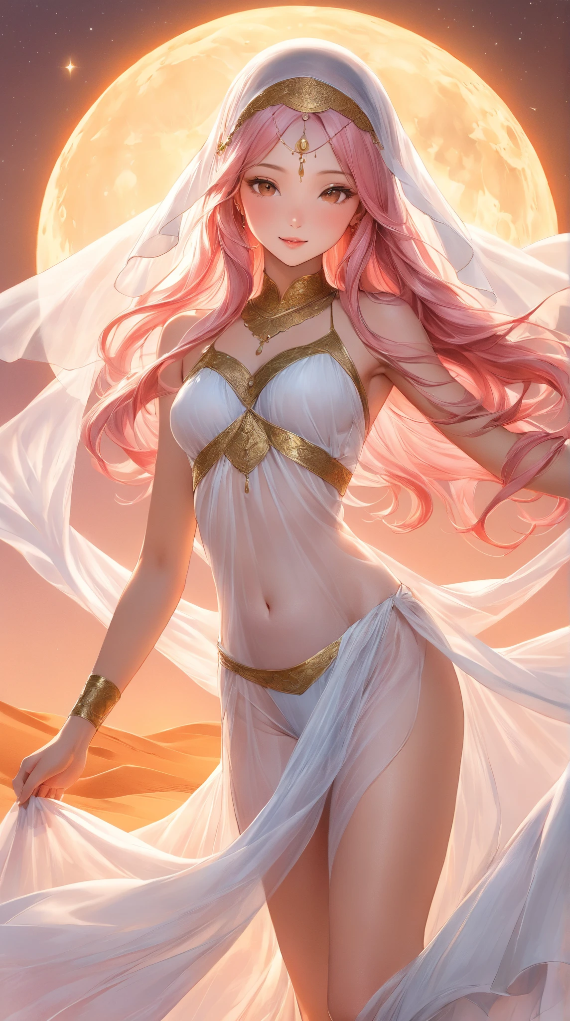 masterpiece, best quality, very aesthetic, absurdres, 1girl, mature_lady, in Desert ,1 Pretty girl,Tighten the body,clothes details,There are intricate gold threads on the clothes,pearls necklace,white skinned,looking at viewer, ,gasai_yuno(mirai_nikki), 1girl, pink_hair, long_hair, low double ponytail,,in Desert, Desert Princess,surrounding by flowers,falling_petals, outdoors, petals,,,blur background,background defocus,