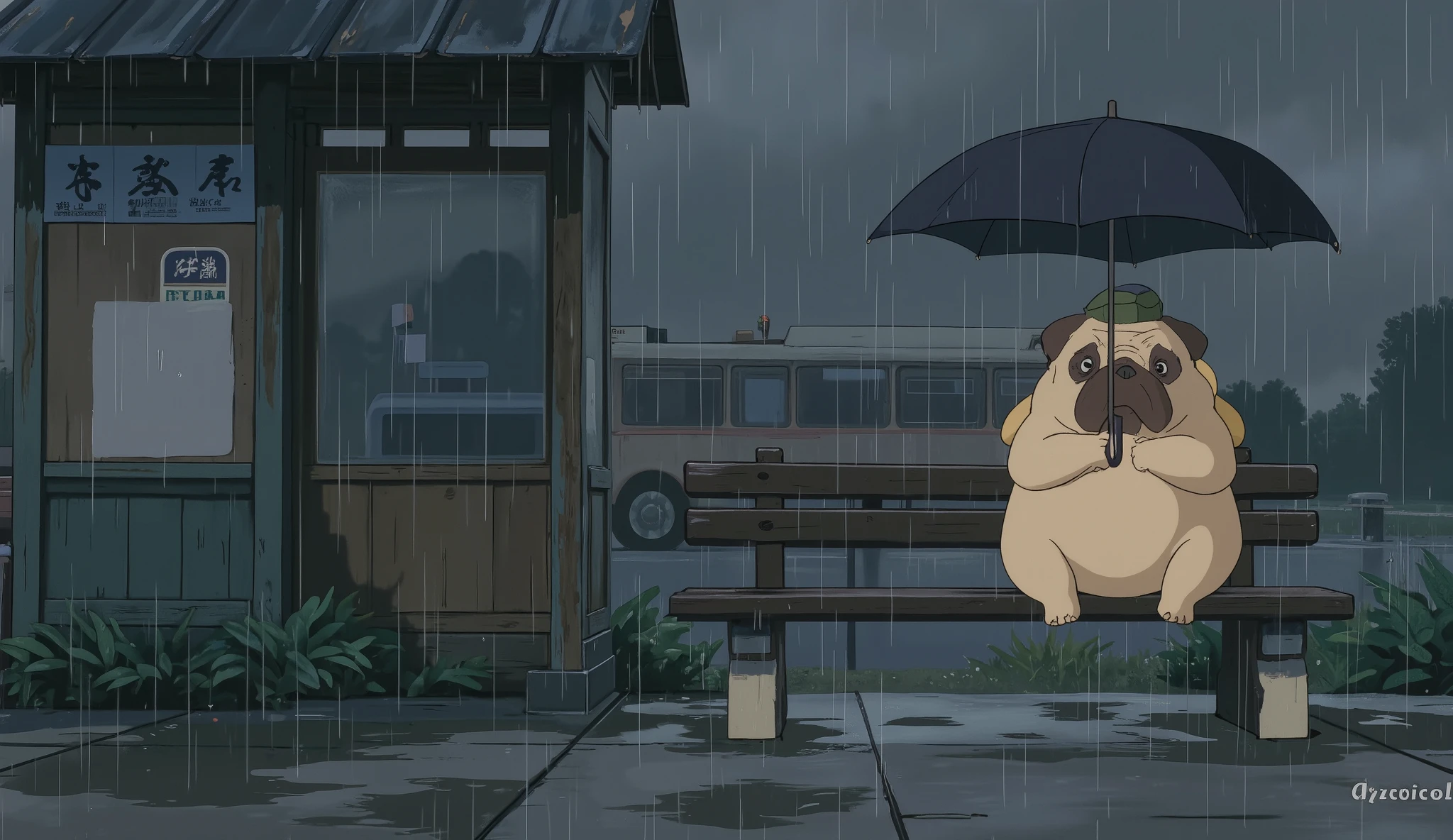 An old-fashioned bus stop. A pug with a black umbrella waiting for the bus. No human. Rainy.