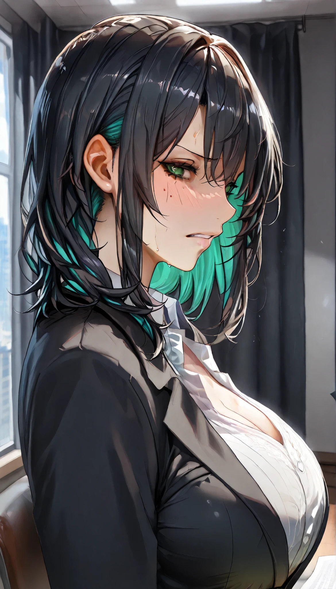 SOLO, A Older Female,Mature flavor,green eyes,grimace,Perfect body,big oppai,(Black hair,Green colored inner hair), Wearing A Black Suit, In the Office,Open Pose,expressionless,UHD, anatomically correct, masterpiece, textured skin, high details, highres, 1080P, 16k, accurate, Beautiful face, Perfect face, Highly detailed beautiful face and eyes, Attractive face, Detailed face, Delicate facial features, Detailed skin,From Side,Close-up,Upper Focus,Look Back,(((hbig bosom)))
