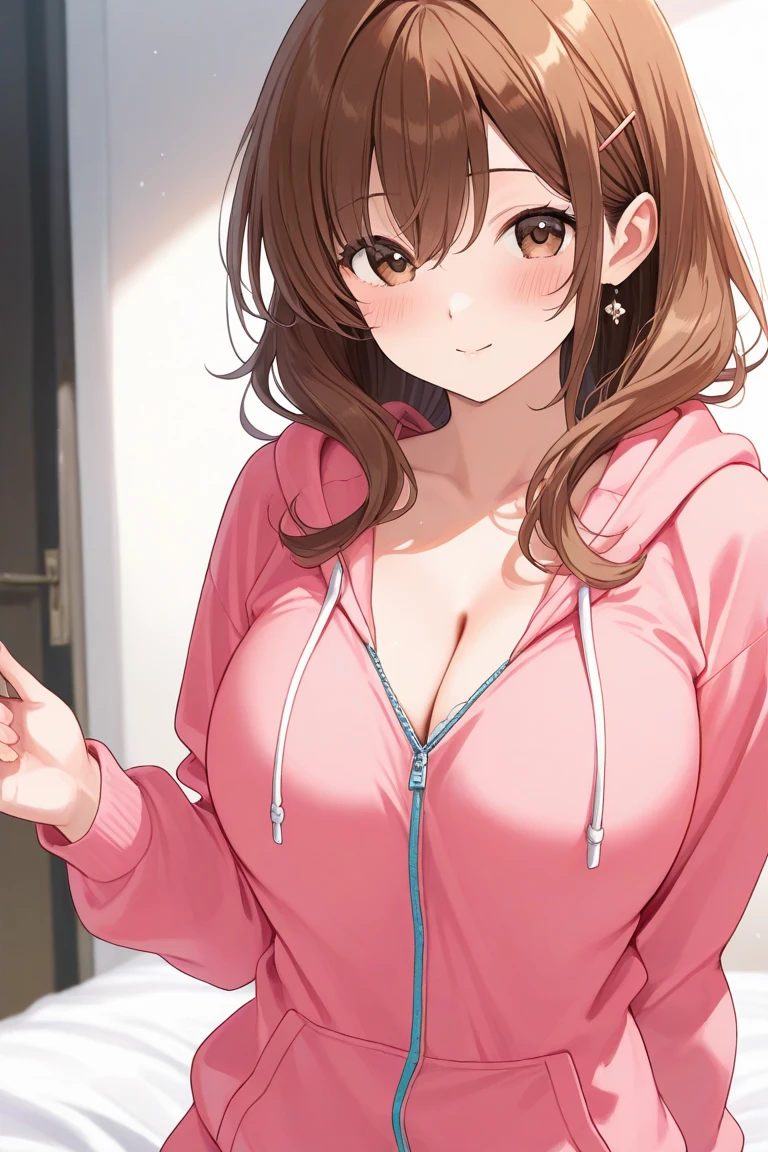 1 girl, alone, Chizuru Mizuhara, masterpiece, highest quality, 8k wallpaper, detailed and beautiful eyes, 1 girl, long hair, chest, looking at the viewer, blush, brown hair, brown eyes, large chest, medium hips, Baggy thighs, red hoodie,