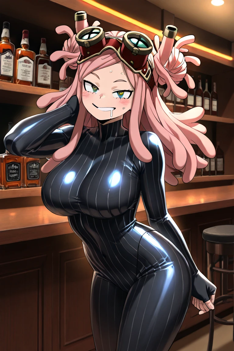 masterpiece, best quality, highres, speach bubbles,nishikino maki,purple eyes,red hair, in bar, standing, arms behind back,looking at viewer, sexy,(lips:0.6),fishnet bodysuit, leotard, llchar, cowboy shot,(solo),bound,black gag,ball gag,bdsm, bondage, tied up, love live, humiliation , drooling
