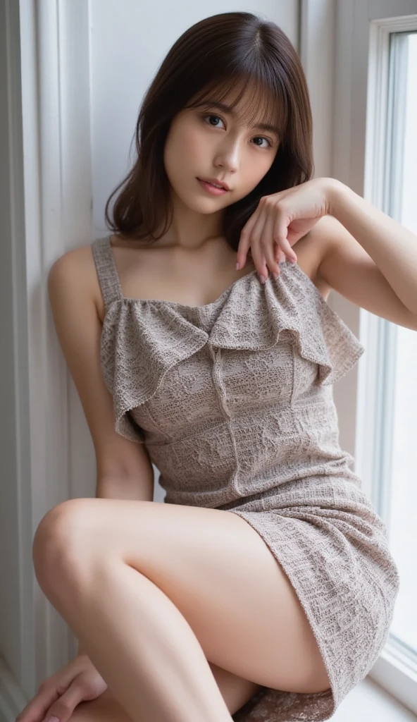 Dark brown hair、Light brown eyes、Japanese actress、 Lady、I am about 40 years old...、(Intricate details:1.2)、(Which is the top???:1.4)、 (Ultra-high resolution:1.2)、Ultra-high resolution、(Finely tuned)、(Detailed facial features)、Hmph、8K resolution、D cup size breasts、Long Hair、Updostyle, Updo、Hair Bun、1 Girl, Deep sorrowの表情, (Very detailed美しい顔), (camisole:1.5), (Bare shoulders:1.3), (Highest quality:1.4), (Very detailed)、Beautiful fair skin with transparency, Are sleeping、Sleeping on the floor、Top View、 Spread your legs wide, Open your mouth a little、Her legs are visible through the dress、Deep sorrow、Pose of Weakness、Obscene pose、White floor、White wall、The morning sun shines in、Sleep on your side。