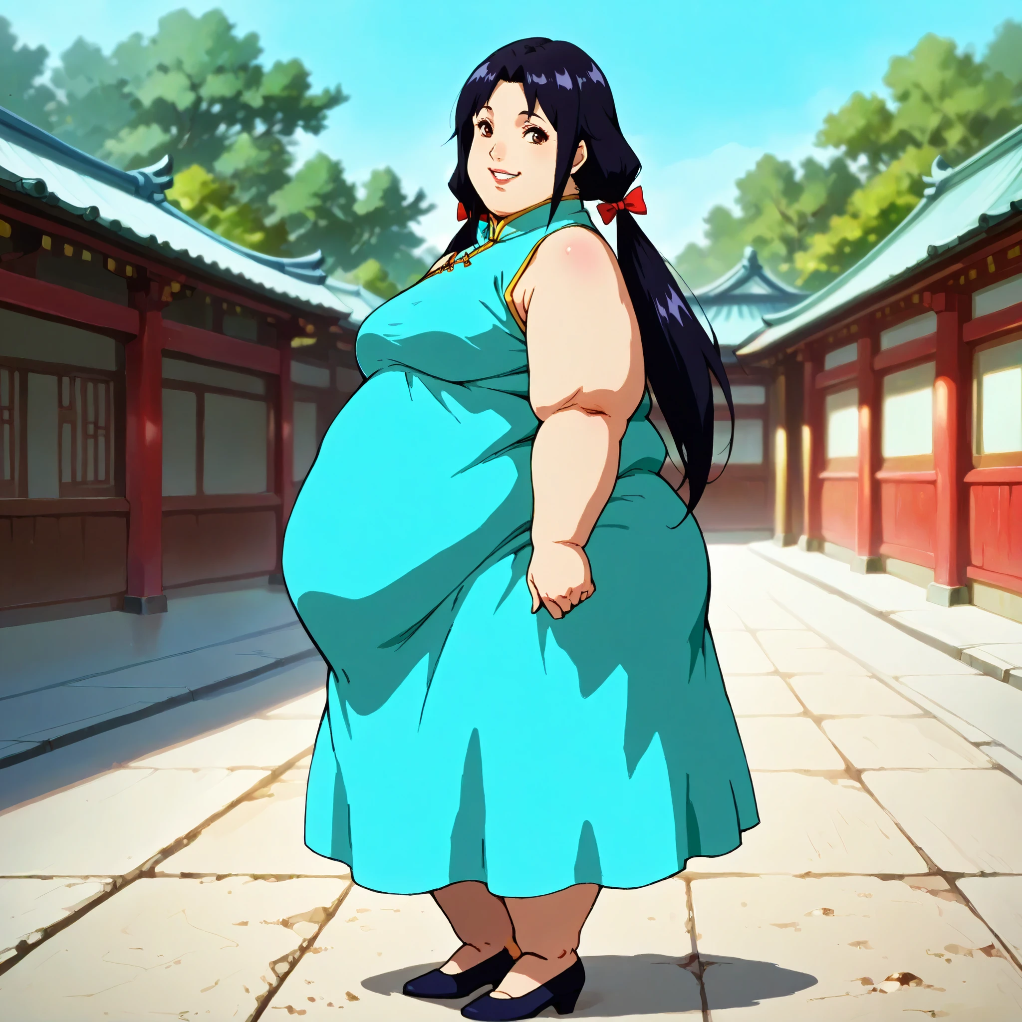 score_9, score_8_up, score_7_up, derpibooru_p_95,
source_anime, very aesthetic, anime screencap, anime coloring,
haylin, 1girl, solo, long hair, breasts, looking at viewer, bangs, black hair, dress, bow, bare shoulders, twin tails, brown eyes, medium breasts, full body, hair bow, parted lips, teeth, smiling, sleeveless, blurry, black eyes, from side, lips, parted bangs, looking to the side, depth of field, blurry background, Chinese clothes, nose, outdoors