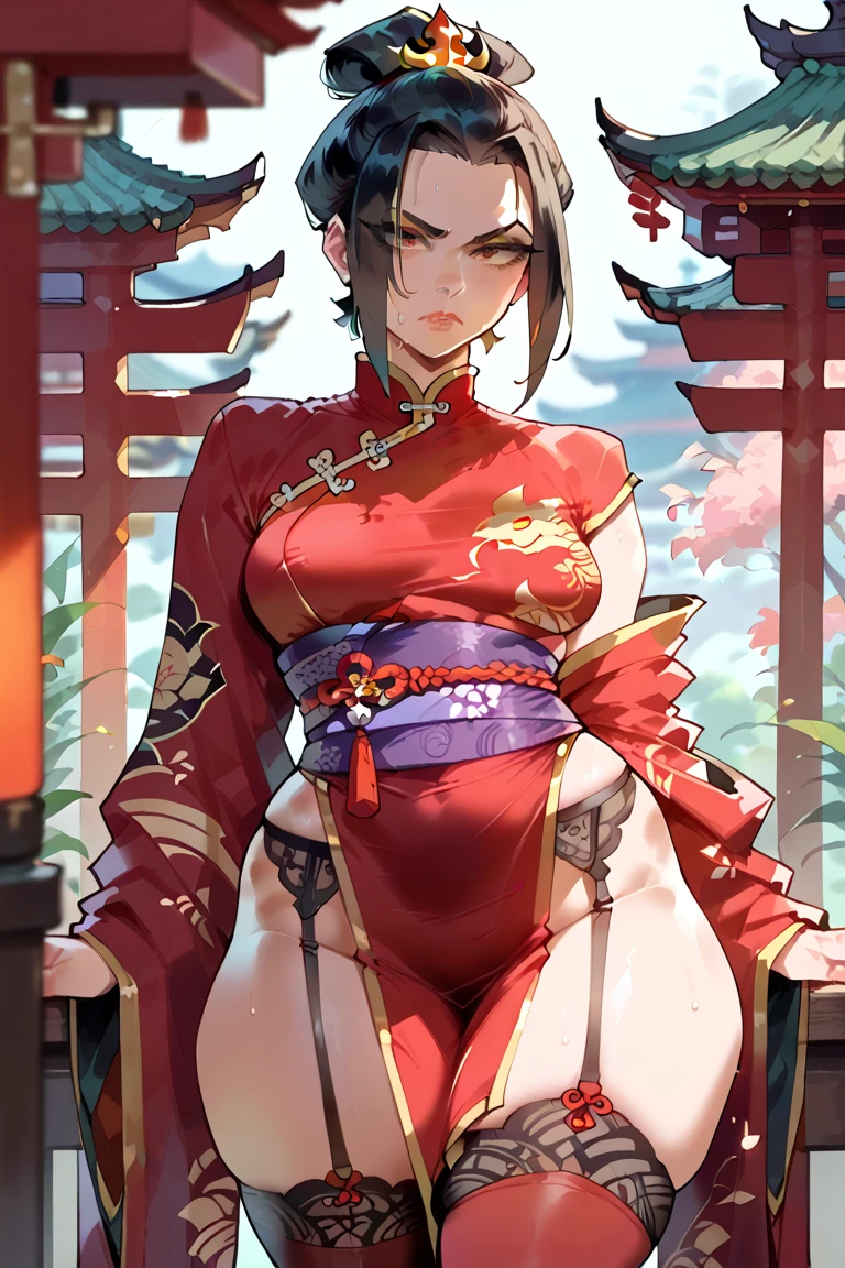 [(white background:1.5)::5], (imid shot:0.95), (full body:1.25), Dynamic angle, (falt color:1.3),colorful,   YS-GANYU,
1girl, breasts, ganyu (genshin impact), solo, thighhighs, long hair, blue hair, large breasts, purple eyes, black thighhighs, cleavage, horns, ahoge, dress, clothing cutout, looking at viewer, very long hair, full body, chinese clothes, black footwear, hand fan, navel cutout, sitting, bangs, bell, bare shoulders, china dress, holding fan, goat horns, navel, alternate costume, thighs, folding fan, detached sleeves, high heels, neck bell, white background, smile, hair ornament, holding, cleavage cutout, vision (genshin impact), pelvic curtain, shoes, hair between eyes
<lora:Fashion Tachie_20230728150705-000018:1>