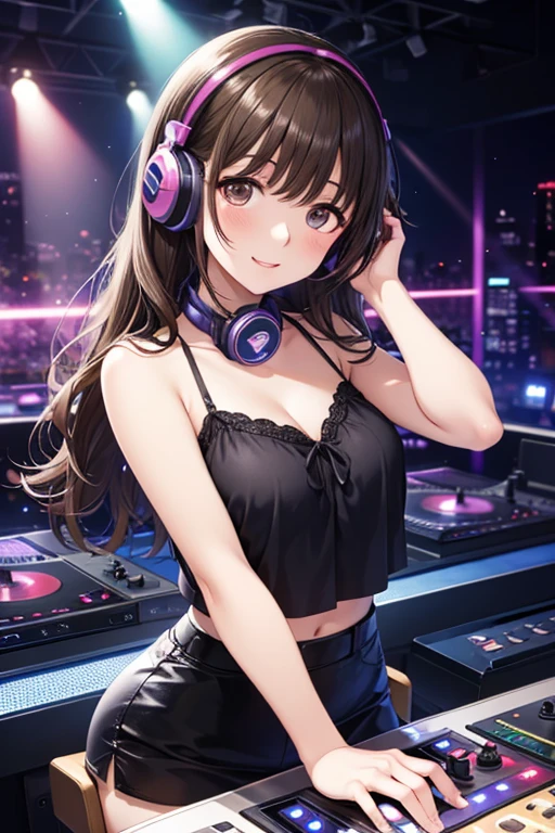 1 girl wearing headphones, beautiful detailed eyes, beautiful detailed lips, extremely detailed face and eyes, long eyelashes, perfect skin, black hair, large breasts, dj, dj booth, dancing to music, club, night live house, red laser lights, blue laser lights, random laser points, virtual reality, golden laser beams, purple laser lights, dj, live stage, realistic fingers, detailed natural fingers, best quality, 4k, 8k, highres, masterpiece:1.2, ultra-detailed, realistic, photorealistic:1.37, HDR, UHD, studio lighting, ultra-fine painting, sharp focus, physically-based rendering, extreme detail description, professional, vivid colors, bokeh