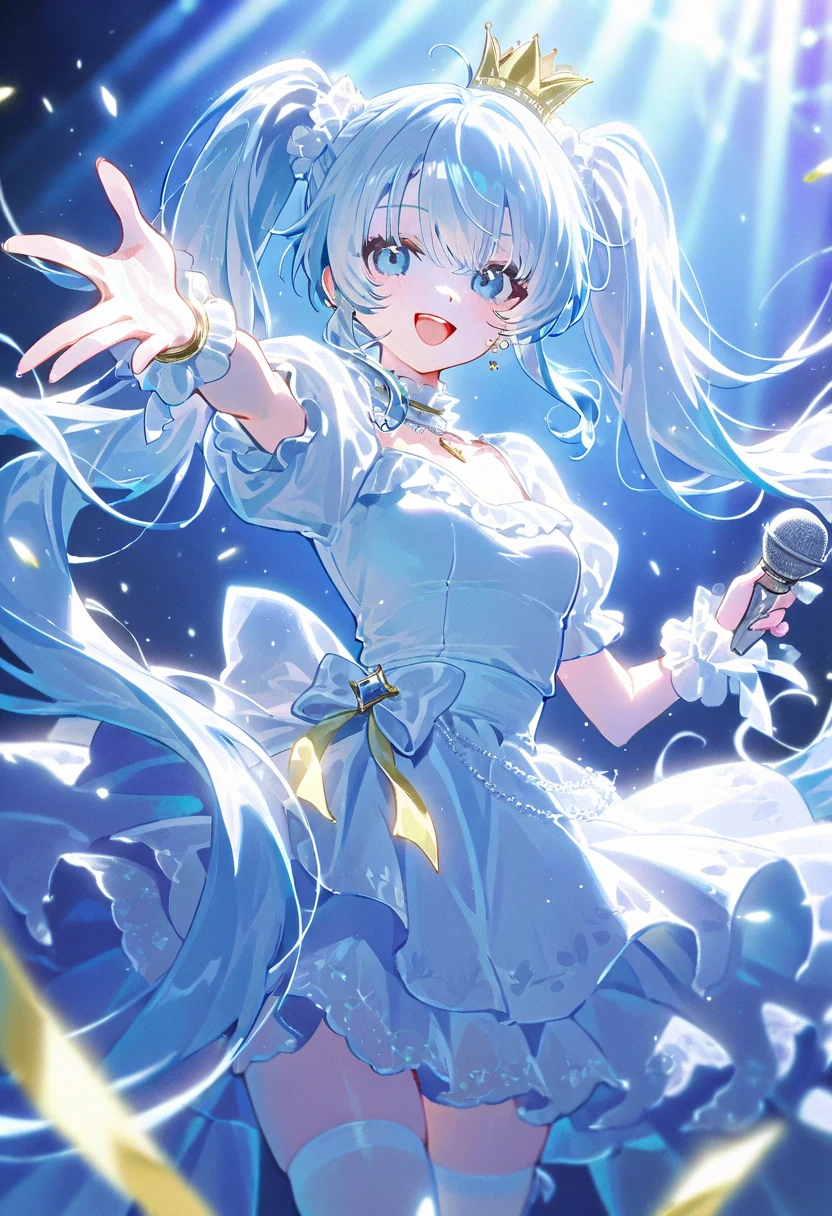  masterpiece, best quality, extremely detailed, (illustration, official art:1.1), 1 girl ,(((( light blue long hair)))), ,(((( light blue long hair)))),light blue hair, ,10 years old, long hair ((blush)) , cute face, big eyes, masterpiece, best quality,(((((a very delicate and beautiful girl))))),Amazing,beautiful detailed eyes,blunt bangs((((little delicate girl)))),tareme(true beautiful:1.2), sense of depth,dynamic angle,,,, affectionate smile, (true beautiful:1.2),(flat chest)), official art,extremely detailed CG unity 8k wallpaper, perfect lighting,(masterpiece:1.0), (best_quality:1.0), ultra high res, 4K, ultra-detailed, 8K, HDR, highres, absurdres:1.2, blurry background, bokeh:1.2, lens flare, , (microphone:1.5), , 1girl,stage, long hair, a girl in a costume holding a microphone on hand is singing in idol live concert ,White mini skirt、 ear monitor,,open mouth a little,light smile,ear monitor,Fluffy Costume , uphair,heart,White choker、masterpiece, best quality, concert venue, 1girl, solo, stage in the background, stage lighting, stage spotlight, dancing, singing, smile, ((half twin:1.4))、Fluffy white hair ornament、Crystal of snow,white cloak,White poncho dress and long gloves,snowflake patterns,Full body image, Panorama, , flying snowflakes、White knee socks and white long boots、white album、darkness,diva_on_stage、Hold the microphone and put it to your mouth,