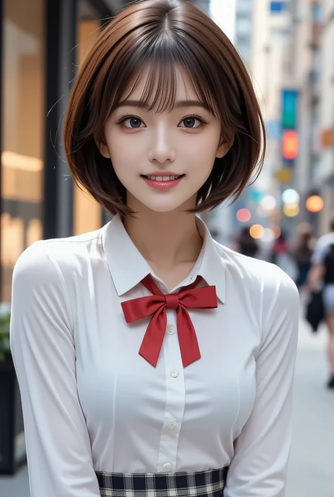 Highest quality、Figures、((iPhone)),Taking a selfie with a black smartphone、one person、Cute Girls、sexly、Slender、Yellow tie、White shirt、Navy blue exy))、Very detailed、Fine details、Slim Body、Slender、Japanese Girls、High resolution、8k、wallpaper、Perfect dynamic composition、Beautiful fine details、Short Bob Cut、Red Hair、Big natural color lip、大胆なsexlyポーズ、smile、Cold Stare、17-year-old girl、Cute、Lolita、Good eyesight、whole body、Pink wall、smile、