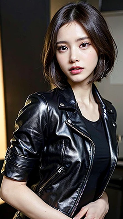 Anatomically correct depiction、masterpiece、Highest quality、8k、Attractive beautiful almond-shaped eyes、Big black eyes、Long eyelashes、Beautiful cherry lips、A high, well-defined nose、(Very Short Hair:1.2）、Beautiful and radiant colors々Hair color、((Realistic:1.3))、Bold composition、Highly detailed face、Detailed、Golden Ratio Face、Ultra-high resolution、Beautiful white smooth skin、Embarrassed expression、((Young face))、Japanese White Gal、(((blush:1.3))))、(looking at the camera)、((Black Leather Jacket))、((No shirt))、((No underwear))、、Short denim pants、Put your hands in your pants pockets