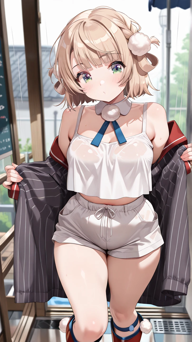 masterpiece、Highest quality、Highest quality, (Long, slender legs, shoes:1.2), (squat, Spread your legs), 1 girl, (smile、Open your mouth大笑い:1.2), Cute eyes, (Detailed face:1.3)、Open your mouth, The whole face turns red, alone, Oversized breasts, Big and ample breasts, (Straight bangs, Bobcut), (White maid outfit:1.2)、(Nipples、Ultra-micro bikini that only covers the bust digs into the skin:1.2)、Side bust、Underbust、belly button、Walking through the mansion'corridor、Browsing Caution、shoes下