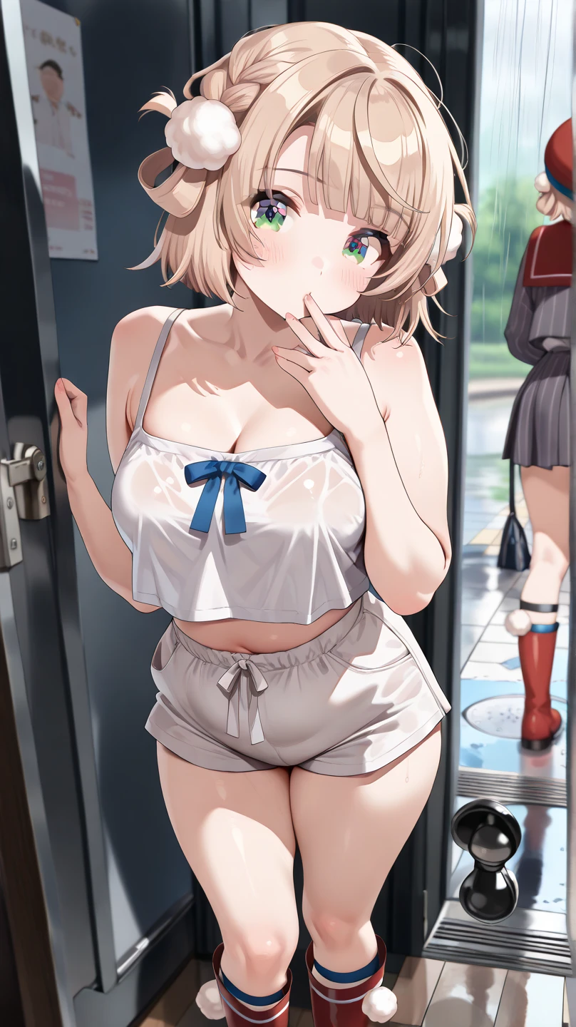 (((Pixel Perfect, Perfect detail))), alone, 1 Girl, Chisato Nishiki, Looking at the audience, smile, (((She lifted her shirt, Showing under the bra))).