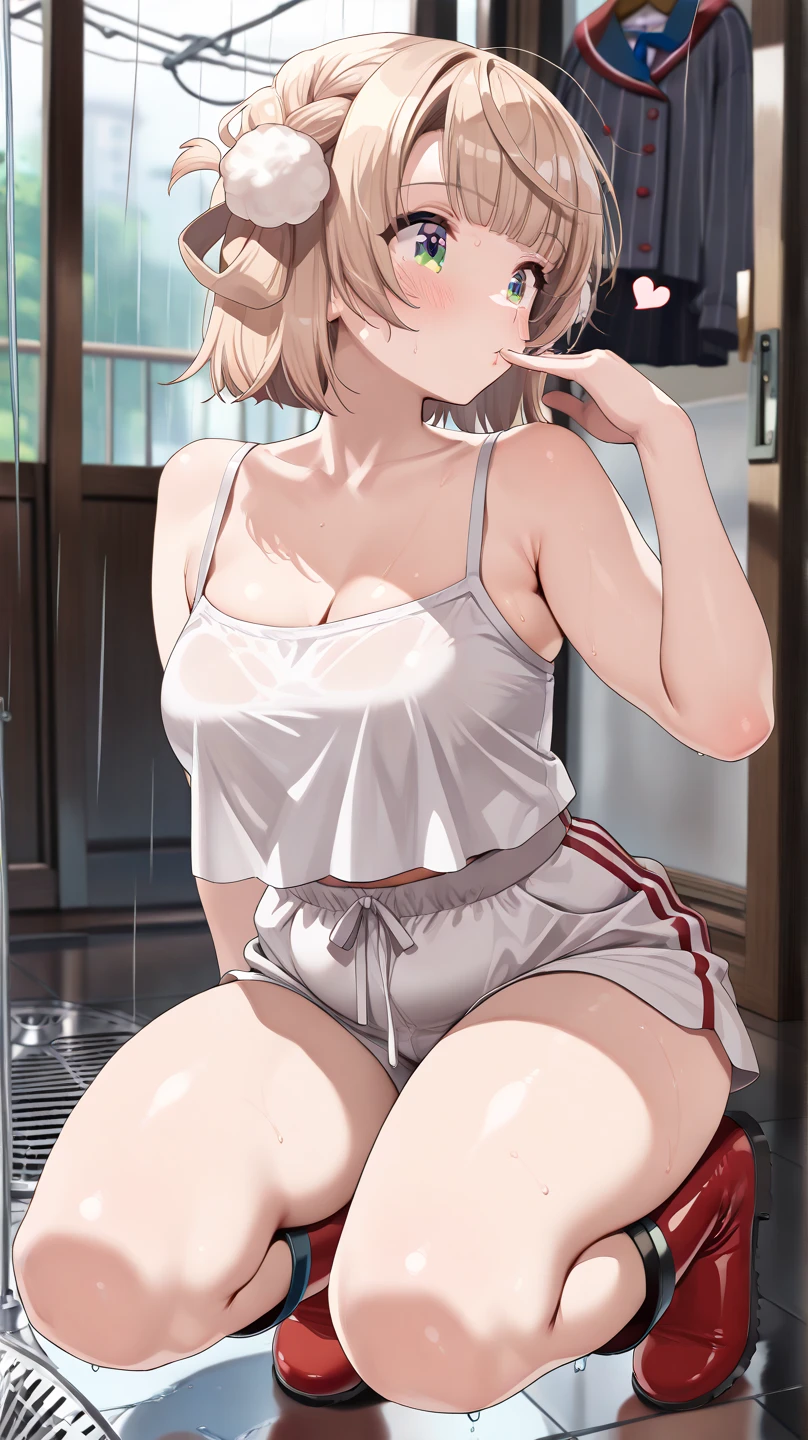 (anime style),masterpiece, best quality, extremely detailed,16Year old,tanned skin,dark skin, Beautiful body,glamour breasts,BREAK,multicolored colorful blonde hair,short hair,hair slicked back,BREAK,black eyes,wedding ring,shy smile,open mouth,half closed eye,detailed lips,open legs,BREAK,cotton black big ribbon,BREAK,yellow a sweater with vertical stripes,kitchen apron,striped_bikini,off shoulder,navel,break,head tilt,in the kitchen,have a vegetables,put one knee on the desk