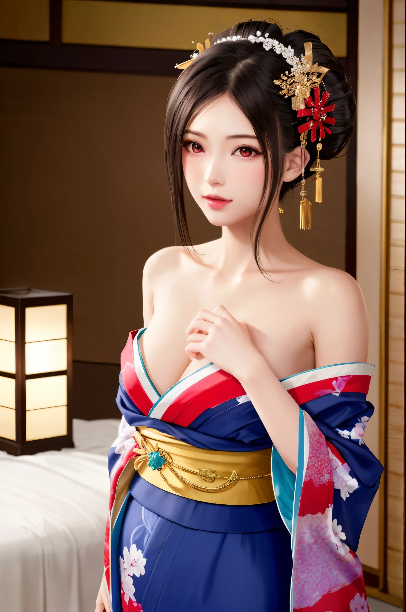 a geisha opening her kimono and showing her lush naked body, full breasts, small waist