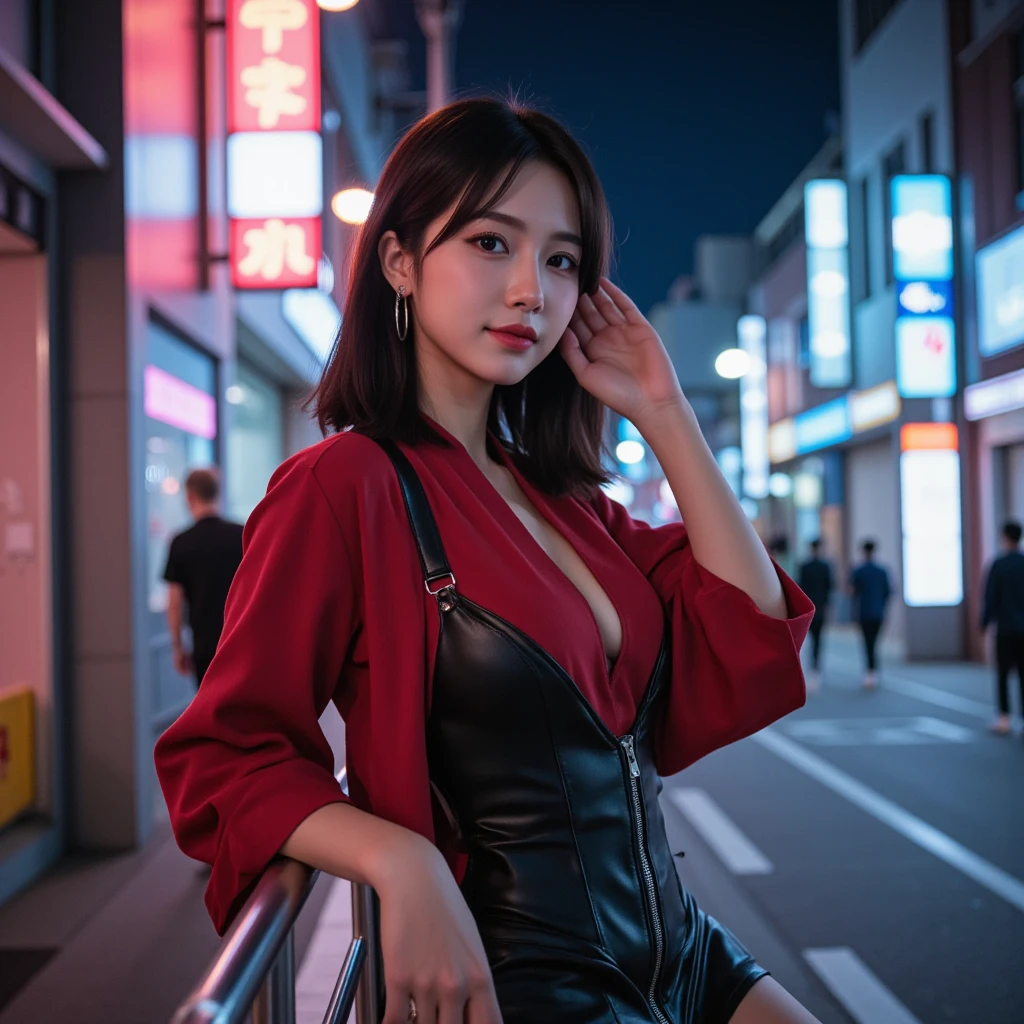 35 yo, 1girl, big breasts,Tokyo street,night, cityscape,city lights, upper body,close-up, 8k, RAW photo, best quality, masterpiece,realistic, photo-realistic, wearing a modern red hijab satin, plump titties,white shirt, cleavage, blue skirt