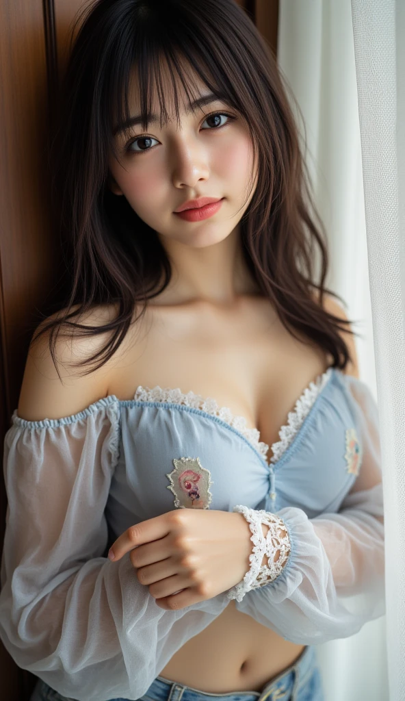 Special clothes34,bare shoulders,shirt, (knee shot), tmasterpiece,Best quality at best,offcial art,extremely detaild的 CG unified 8k wallpapers, (HighDynamicRange:1.4), (Cinematic), (pastel colour, dull colors, Soothing tone:1.3), (Natural skin texture, Hyper-realism, softlighting, Sharp),(The is very detailed), profesional lighting, Radio City,((1个Giant Breast Girl,20yr old)), inside bedroom, cold light,Best quality at best, A lot of detail, tmasterpiece, ultra - detailed, illustratio, Extremely delicate and beautiful girl, 美丽细致的眼睛,8K_Wallpapers,Beautiful Meticulous Girl, looking at viewert, messy hair, Large breasts ,Recline on the sofa,ssmile,Sweet smile