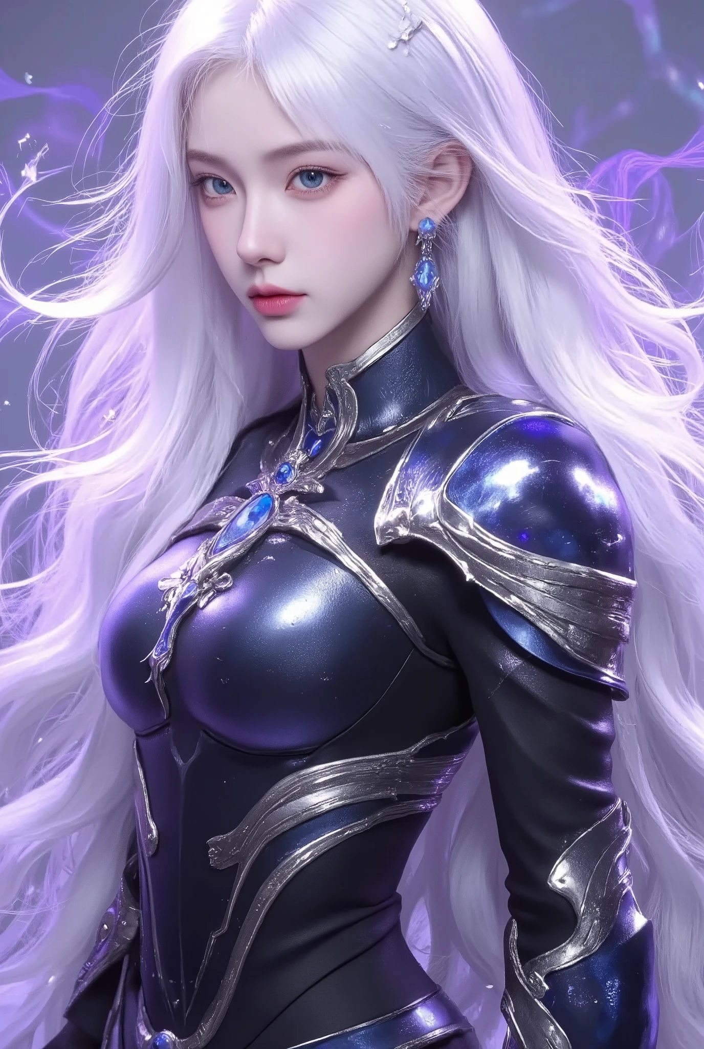 high res,masterpiece,best quality,extremely detailed , ultra-detailed, long silky smooth hair , heroine , wearing a purple silk suit , wearing a silver cape , cinematic , aesthetic, small covered chest  Realistic lighting, delicate face, Body perfect anatomy,Top Quality, 8K Resolution, High quality , light brownish skin , shiny silky cape , shiny whitish silver hair