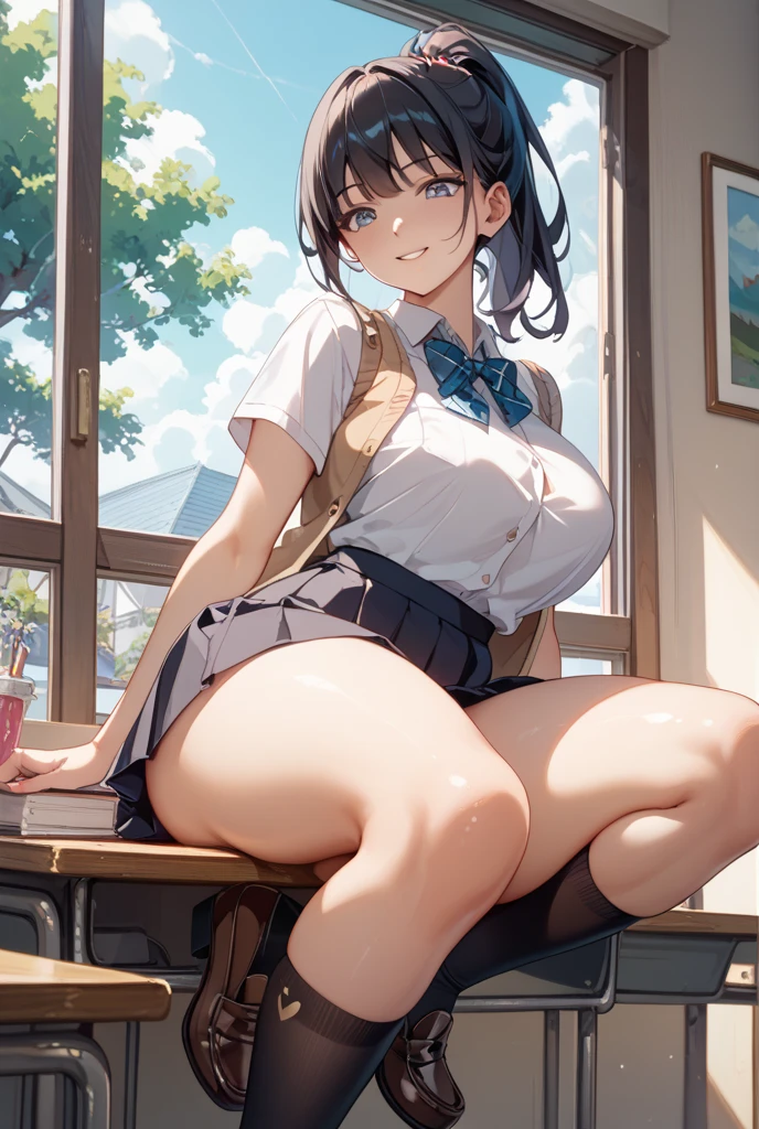 One girl, highest quality, Super detailed, masterpiece, Ultra-high resolution, 8k, Ridiculous, Cowboy Shooting, Focus on the girl, Embarrassing, blush, Lovely, Close one eye, With tears in her eyes and her mouth open, What saliva leaves behind, Sticky Clothes, (cube top), cleavage, Bulging of the vibrator cord, Vibrator with Garters, Classroom Background, (Videl), medium breasts, Black knee socks,Thighs,Waistline