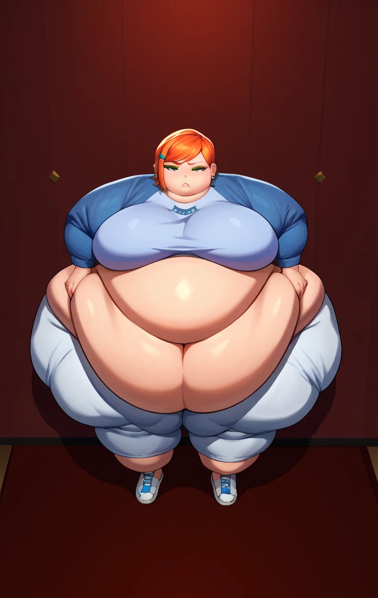 (masterpiece, best quality:1.2), cowboy shot, solo, 1girl, power \(csm\), sharp teeth, , looking at viewer, cross-shaped pupils, blue jacket,white collared shirt, black necktie, black pants, wide hips, thick thighs, huge ass, enormous huge natural breasts, cleavage, mature mom, floating hearts, animification, fat, sitting, puffy lips, giant pregnant belly, from side.