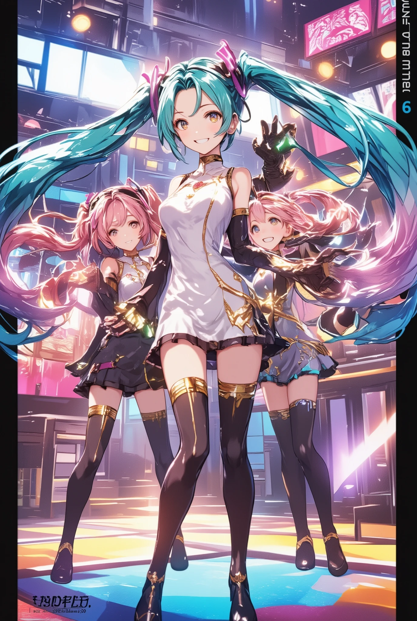(masterpiece), (best quality), (high res) Solo, (perfect anatomy young girl (), fair skin, pink hair (shoulder length), green eyes, (skin tight idol outfit), (blue high heels boots), (tied up shirt), (super tight mini shorts), smiling, flat chest in a futuristic space setting with a green light, cyberpunk, cyber suit, best anime 4k, cybersuits