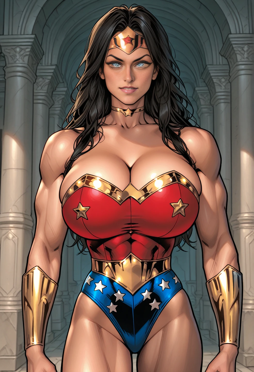 Gorgeous and sultry busty athletic (thin) brunette with sharp facial features and (huge boobs) wearing a red dress, corset, gold trim, sorceress attire