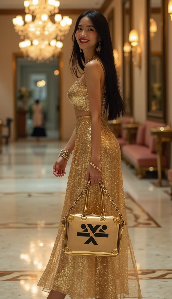 1girl, slipping leather jacket, (intricate patterned luxurious brocade strapless mini dress:1.2), large frame round sunglasses, tinted eyewear, shoulder, fashionable, stylish, view of emperor palace, in golden hues, majestic design, bathed in the early light, the palace gardens unfurl in verdant splendor, sharp focus, blurry background, commercial photography, fashion photography, super details, gigantic breasts,