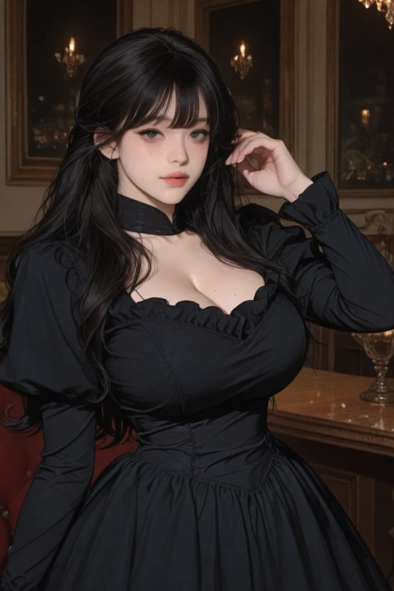 background of a black room with silver decorations ((Quarto todo preto)), Um maduro, pale woman, 25 anos de idade, com cabelo preto escuro, ((cabelos extremamente longos)), ((franja na testa)), Rosto angelical , beleza extrema, delicate features, pink lips, bochechas rosadas, maquiagem perfeita, ((foco no rosto)), Dakota Johnson&#39;s appearance, espartilho preto apertando a cintura, ((cintura fina)), vestir, ((black jacket vestir) ), black stockings hugging the thighs, ((coxas grossas)), ((Olhar sedutor)), ((corpo voluptuoso)),