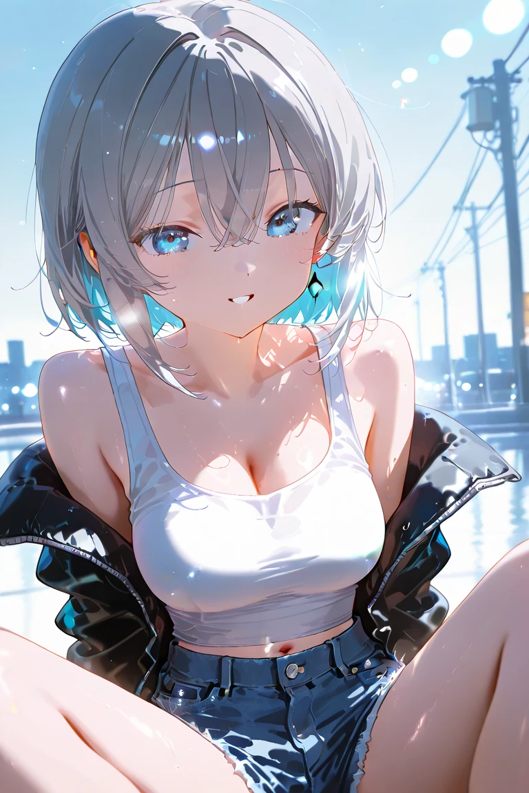 Sora Ginko, null　silver,short hair, Silver Hair, blue eyes, hair band,happy smile, smile, Open your mouth,Blue Tank Top,Heart Necklace,Skinny jeans,Stiletto heels,Daytime,Clear skies,Walking,whole bodyがイラストに入るように,　　　　　　　　　　　　　　　　　　break looking at viewer, whole body, 　　　　　　　　break outdoors, Building district, 　　　　　　　　　　　break (masterpiece:1.2), Highest quality, High resolution, unity 8k wallpaper, (shape:0.8), (Beautiful and beautiful eyes:1.6), Highly detailed face, Perfect lighting, Extremely detailed CG, (Perfect hands, Perfect Anatomy),ginkgo, blue eyes, Silver Hair, 