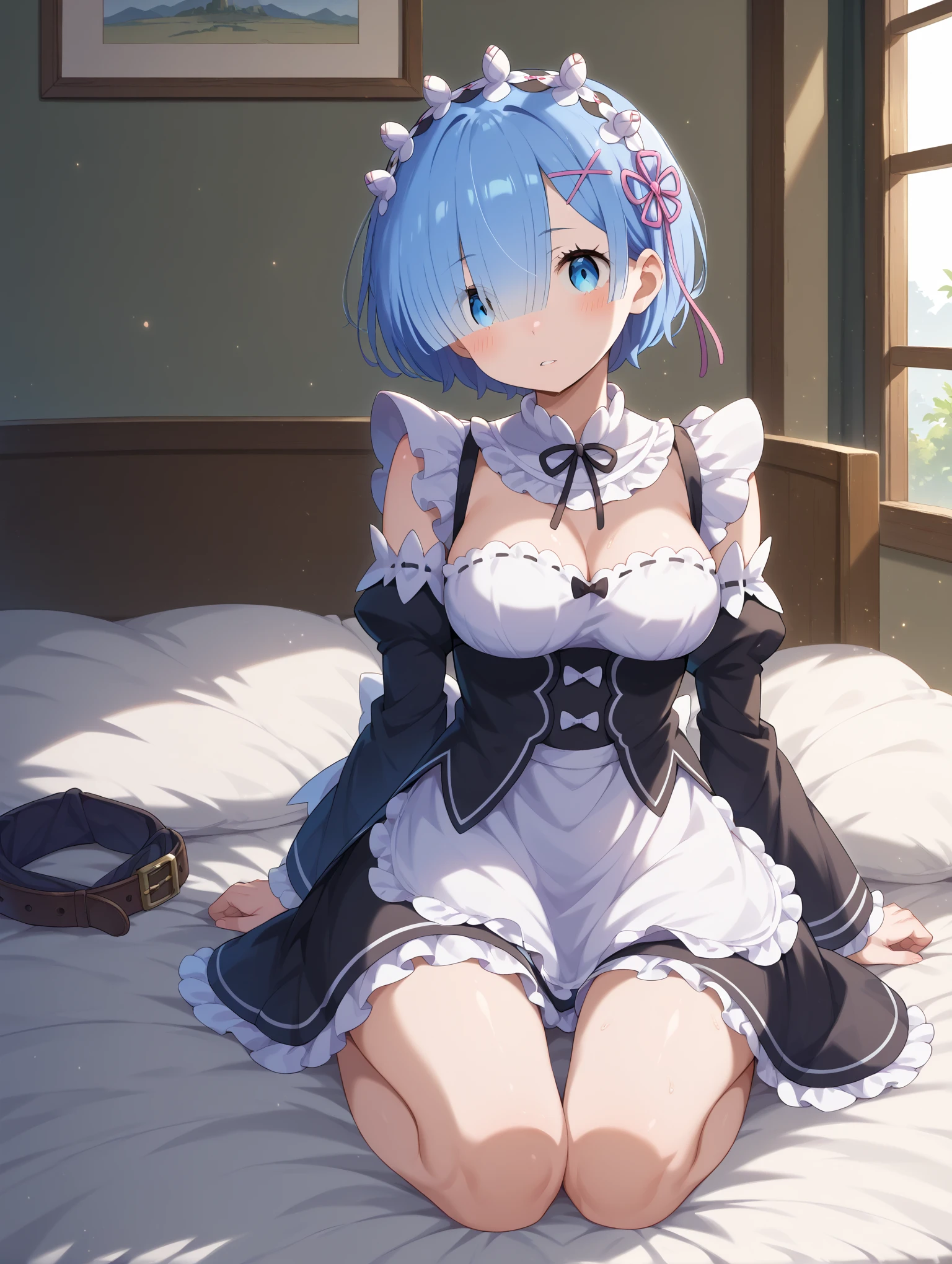rezerorem, rem, blue eyes, blue hair, hair ornament, hair over one eye, hair ribbon, short hair, x hair ornament, very provocative revealing outfit. 4k (gigantic breast or busting out of her top)
BREAK apron, black ribbon, black skirt, black sleeves, detached collar, detached sleeves, flower, frilled apron, frilled skirt, frills, head wreath, long sleeves, maid, miniskirt, neck ribbon, purple ribbon, ribbon, ribbon trim, ribbon-trimmed sleeves, roswaal mansion maid uniform, short hair, skirt, thighhighs, waist apron, white apron, white thighhighs, detailed 
Kitchen background 
BREAK looking at viewer, she is sitting with her skirt open so you can see her camel toe. Revealing cameltoe. Lens is very low to the ground looking up at her.
BREAK (masterpiece:1.2), best quality, high resolution, unity 8k wallpaper, (illustration:0.8), (beautiful detailed eyes:1.6), extremely detailed face, perfect lighting, extremely detailed CG, (perfect hands, perfect anatomy),