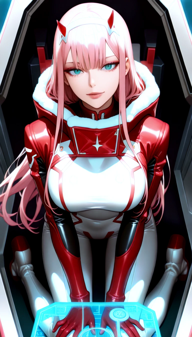 Masterpiece, top quality, best quality, official art, beautiful and aesthetic, anime, 1girl, Zero Two, extremely detailed, colorful, more detailed ((ultra-detailed)), (highly detailed CG illustration),horny,detailed face,pink hair, big green eyes, red body suit, in middle,skinny fit, small breasts,cleavege,spaceship,wet