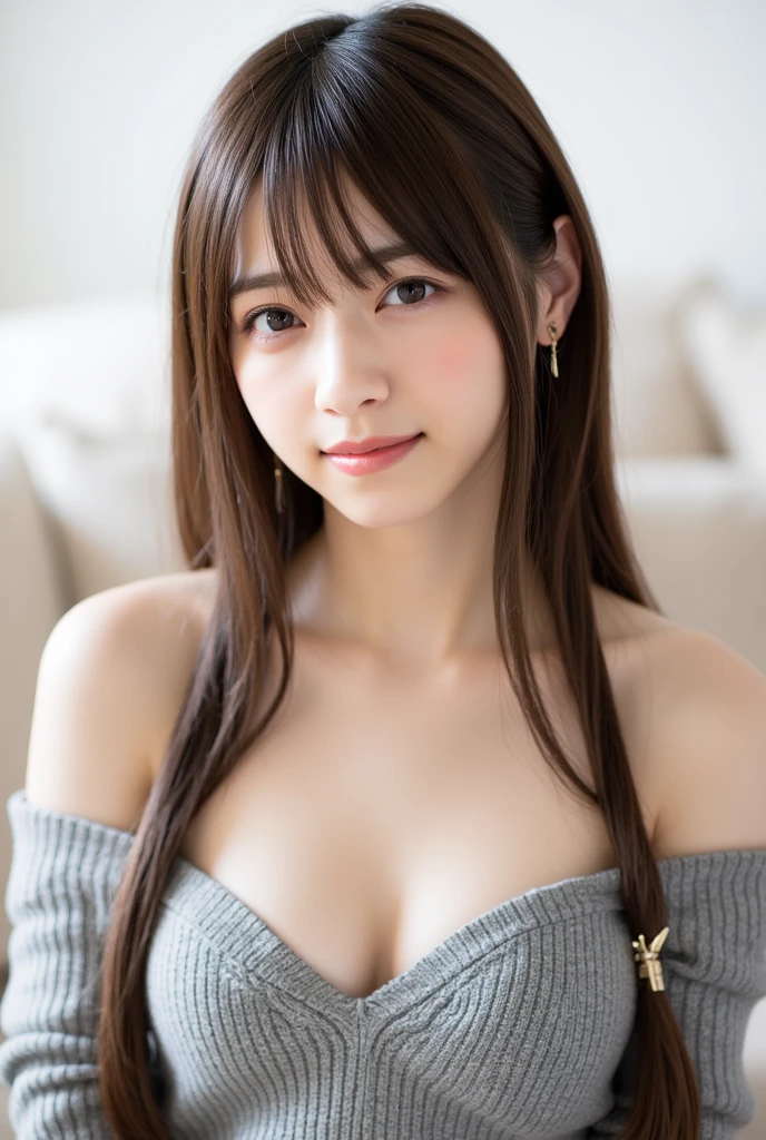masterpiece, highest quality, 8k, 20th Generation, Large Breasts, cute, alone, sad, cute, Girlish, Delicate girl, Pure beauty, RAW Photos, Professional photography, Portraiture, Soft Light, Professional Lighting, Backlight, Upper Body, avert your eyes, Sophisticated, Film Grain, (Eyes and facial details:1.0), Short floating hair, Beautiful, flowing hair, bangs, (Cashmere sweater on the skin(pastel colour))、(Large Breasts:1.0)、You can see a little cleavage、Dolly Makeup、Odd Eye、The colour of the left and right eyes are different