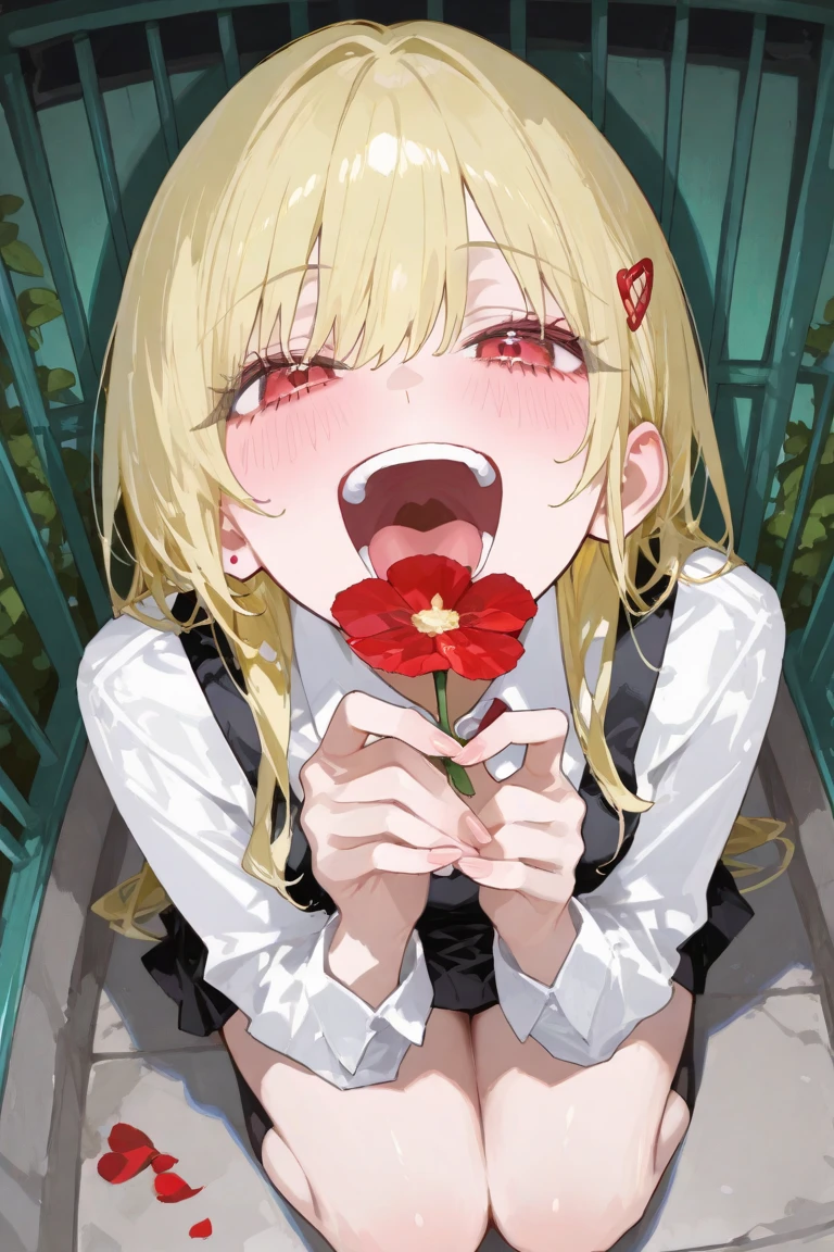 masterpiece, best quality,1girl,   solo, blood, simple background, flower, looking at viewer, white background, spider lily, tears, portrait, shirt, sharp teeth, blonde hair, teeth, long bangs, upper teeth only, red shirt, crying, smile, injury, yellow eyes, long hair, :d, hair between eyes, no bangs, open mouth, crying with eyes open, crazy, hair over one eye, red flower, sanpaku, blunt bangs, white pupils, one eye covered, half-closed eyes, bright pupils, raised eyebrows, bruise