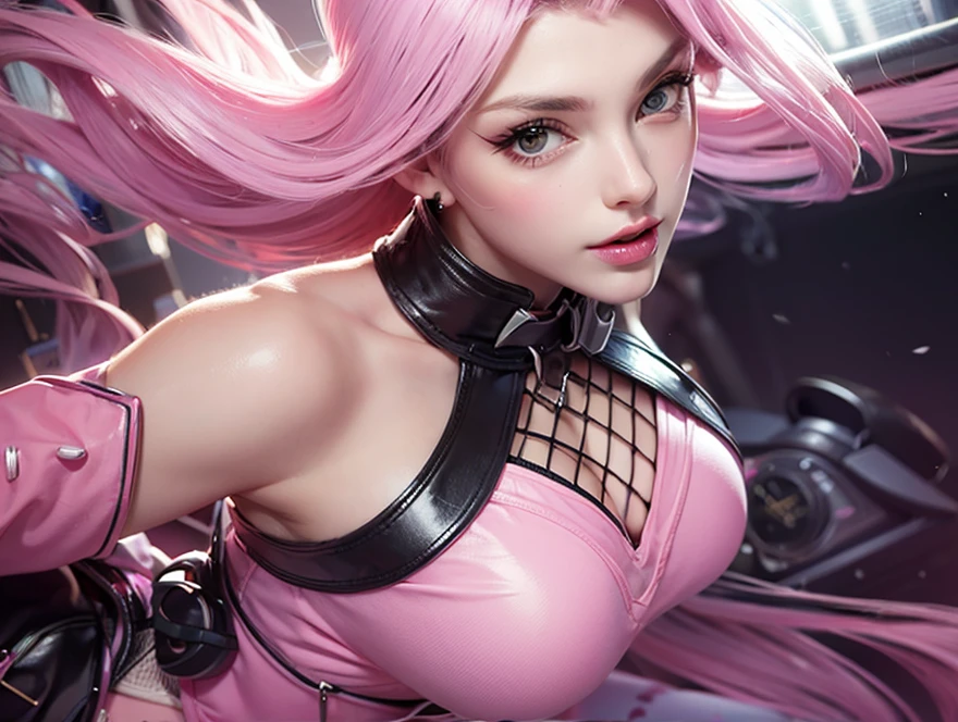 a close-up of a person in a pink outfit on a catwalk, a raytraced image inspired by INO, trends in cg society, digitl art, gta character, like a GTAV character, As a Tekken character, female character, slick pink armor, gta character v, pink body, style of gta v, Thick, GTA 6 style, fuchsia skin, super detaill, high resolution, 8k, Overview
