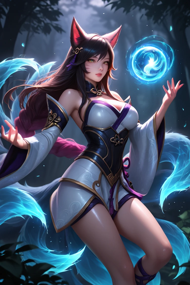 (masterpiece), (detailed), ethereal beauty, (fantasy illustration: 1.3), Irelia, Akali, League of legends, strong look, captivating pose, long straight black hair, black eyes, blue and gold dress, blue makeup