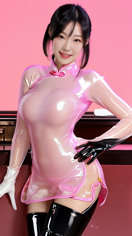 (Tabletop:1.0), (highest quality:1.4), (High resolution:1.2), (Realistic:1.4), (8k, RAW Photos:1.2), (Soft Focus:1.4),(from under:1.5),break,3 girls wearing cheongsam and posing and Smiling while taking a photo.............................................................,(3 girls wearing translucent latex pink cheongsam:1.2),(cut out:1.3),BREAK,Slime Skin,Smooth and tight boots, Clear skin,latex, Translucent body,latex Shiny,Perfect Fingers,(Shiny latex gloves:1.2), Boots that fit your skin,break,(posing:1.5),BREAK,bob hair,(vermilion hair:1.2),(smile:1.2),glossy Shiny reflective, Makeup,Japanese Goddess, Glowing Skin,Gorgeous Japanese Model,Shiny,Shiny,slimy,(shiny black thighhigh boots:1.2),break,Detailed Background,(at sushi shop:1.3)