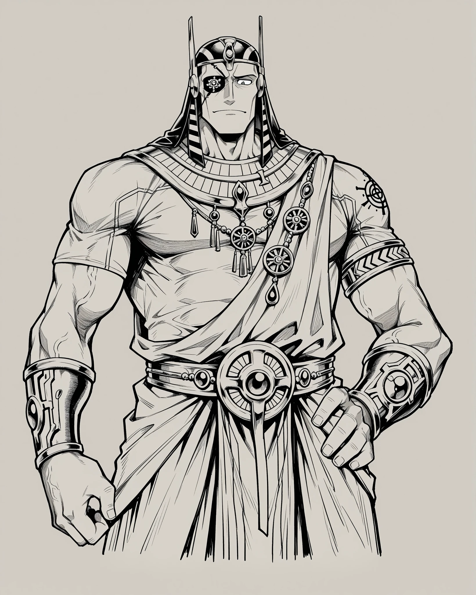 Egyptian man, anubis clothing, anubis-like, muscles, imposing, simple sketch, full body, no background