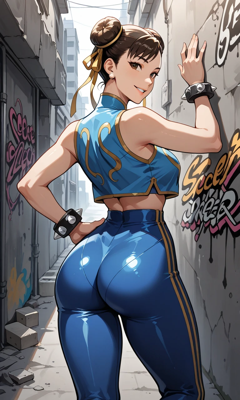 girl with, chun li, Gloss, slim thigh, stiff nipple, thick eyebrow, Tight buttocks, lower back, middlebreast, Very happy, Brown pantyhose, long drop, Salaryman in short clothes, Sexy, masterpiece,