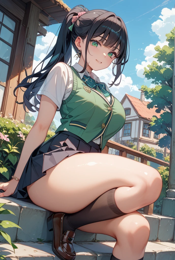 A beautiful high school girl sitting with legs apart, wearing black loafers, black blazer, open legs, black pleated skirt, green bra, panties, large breasts, cleavage, thighs, school, commute, urban setting ((A high school girl is sitting with her legs apart、Leather shoes、Black blazer、Spread your legs、Nice black pleated skirt、Green bra、PantiesBig Tits、tits、Cleavage、Thighs、School、School zone、Urban Department))