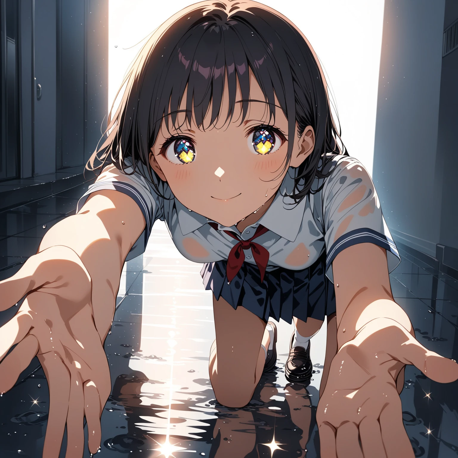 (highest quality)), ((masterpiece)), (family friendly), Perfect Face,Shiny skin,Beautiful breasts,Shiny skin、Kyoto Animation style painting、(((Short Bob)))、、(((Double teeth)))、Sunburned skin、night、
、Belly button、、{school uniform,Short sleeve shirt,BREAK,(Checked skirt:1.2),、(((See-through)))、(((sweat)))、(((Wet)))、(((Close Contact)))、(((rain、garden)))、(((close)))、Star-shaped earrings、accessories、(((squatting)))、looking at viewer、(((from below)))、(((all fours)))