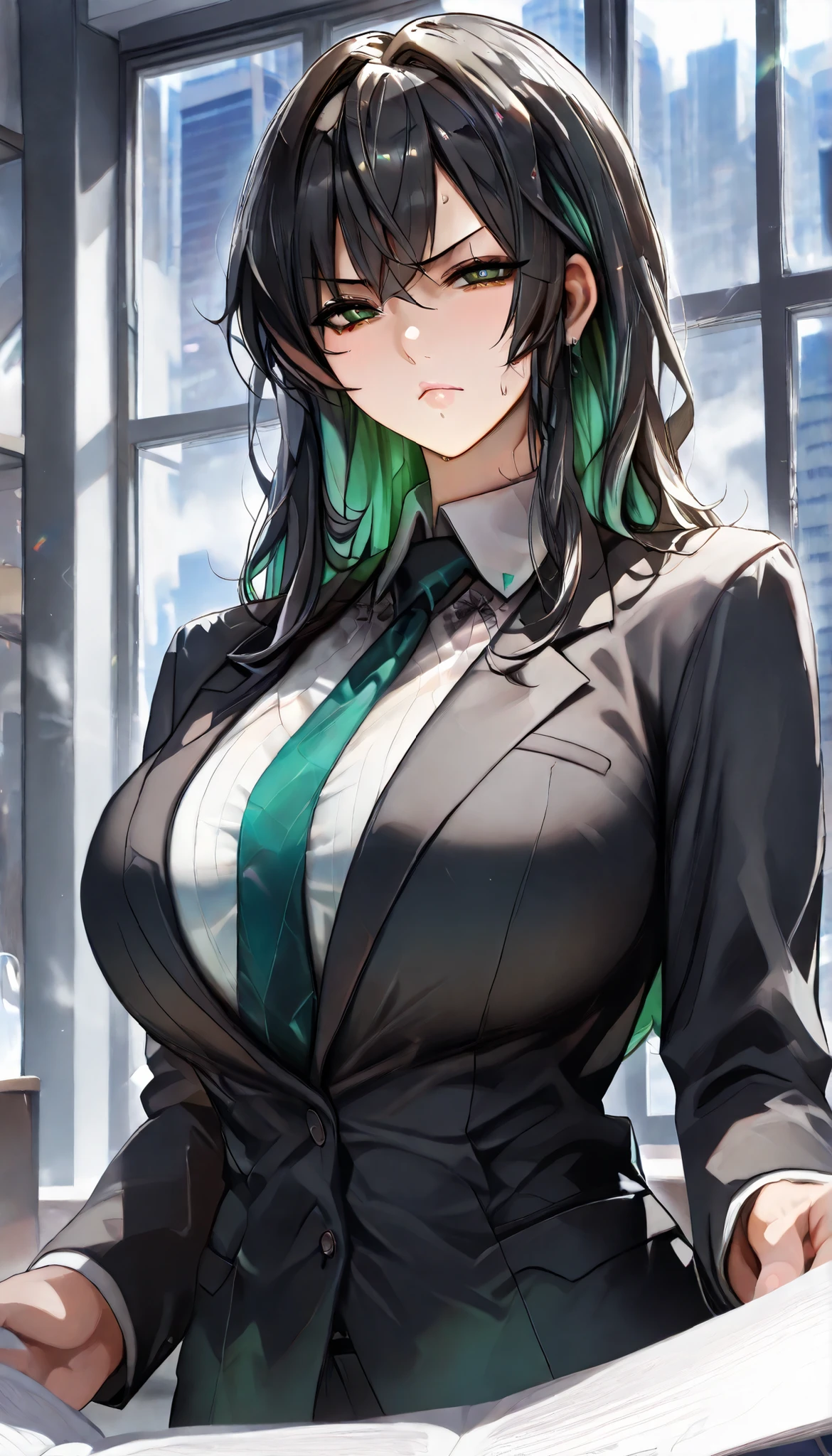 SOLO, A Older Female,Mature flavor,green eyes,scowl,Perfect body,big oppai,(Black hair,Green colored inner hair), Wearing A Black Suit, In the Office,Open Pose,expressionless,UHD, anatomically correct, masterpiece, textured skin, high details, highres, 1080P, 16k, accurate, Beautiful face, Perfect face, Highly detailed beautiful face and eyes, Attractive face, Detailed face, Delicate facial features, Detailed skin,Close-up,Upper Focus,Look at the veiwer,(((hbig bosom)))