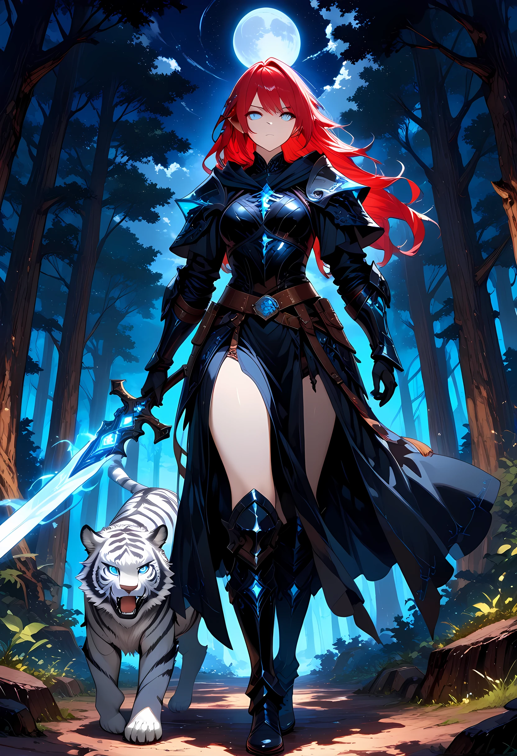 picture of a female dark elf ranger and her pet white tiger, warrior of nature, fighter of nature, full body, full body (masterpiece, best quality, high quality, detailed, absurdres) talking to an epic ((white tiger:)) (masterpiece, best quality, high quality, detailed, absurdres) armed with an magical sword masterpiece, best quality, high quality, detailed, absurdres) epic magical sword swordsman, glowing in blue light , in dark forest (masterpiece, best quality, high quality, detailed, absurdres), a female beautiful epic drow wearing leather armor (masterpiece, best quality, high quality, detailed, absurdres), leather boots, thick hair, long hair, red hair, pale skin intense eyes, forest background, moon light, stars light, clouds (masterpiece, best quality, high quality, detailed, absurdres), high details, best quality, 16k, masterpiece, best quality, high quality, detailed, absurdres, fantasy art, RPG art, realistic art, a wide angle dynamic angle, (intricate details, Masterpiece, best quality: 1.3), high details, best quality, highres, ultra wide angle, ladyshadow, Armored Dress, Dark Novel