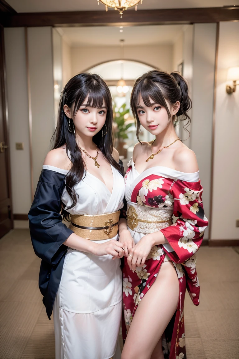 best quality, masterpiece, ultra high res, (photorealistic:1.4), RAW photo ,pale skin,Beauty、kimono、kimono、Beautiful Faces、slender、smile、whole body、Oiran、Show your shoulders、standing, raise one leg, oiran, japanese clothes,beautiful legs, japanese red umbrella,