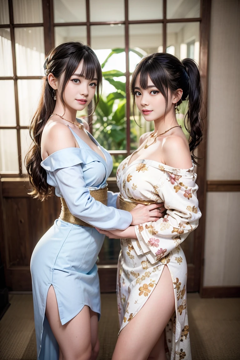 in 8K, top-quality, Real Image, With intricate details, Super Detail, 超A high resolution, Depth Field,(Photorealsitic,realisitic:1.2),masterpiece , {{Two beautiful women looking at each other:1.8、Two beautiful women hugging each other、Kiss between two beauties:1.5、Intense kiss:1.5、passionate kiss:1.5、hug, Saliva:1.8, Poses in motion:1.5、Avoid hitting each other's noses、 Inviting eyes, perfect glossy skin, flawless skin, Fair skin、Clean eyes、Rich facial expressions、Ecstatic face}}、{One woman is 35 years old、A dark-haired、length hair、large full breasts:1.5, cleavage of the breast, Constricted waist、Pretty cheongsam:1.8、Emphasis on crotch cleft:1.5}、{One woman was 18 years old.、Beautiful kimono:1.8、Emphasis on crotch cleft:1.5、Open your mouth slightly、brown haired、Princess Cut、Medium Hair, Align your bangs}, {{fullllbody、sexypose:1.5}}, {{low angles:1.5}}、{{Put head-to-toe on the screen:1.5}}、{{Midnight Japan Garden:1.2、Two beautiful women bathed in light:1.5、dynamicposes:1.2}}